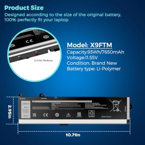 Image of X9FTM Battery Replacement for Dell Precision 7770 7670 7680 7780 Series Notebook RCVVT 965V4 0965V4 5JMD8 05JMD8 11.55V 7650mAh 93Wh 11.4V