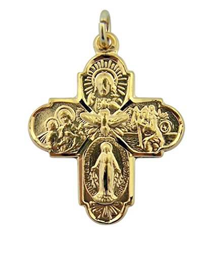 14K Gold Plate Overlay Sterling Silver 4-Way Miraculous Scapular Medal Pendant, 1 1/16 Inch