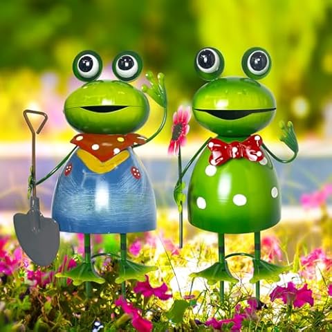 HONGLAND Garden Frog Statue Outdoor Decor - Cute Metal Frog Yard Art Sculpture - 3D Spring Frog Figurine Garden Statue for Lawn Patio Backyard Pathway Yard Garden Stake-2 Pcs Cover