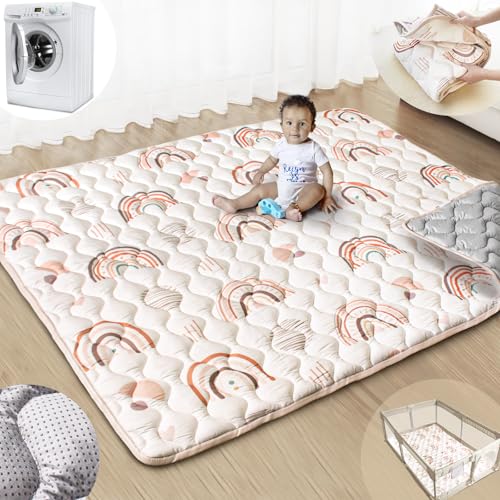 Image of Beavtaens Baby Play Mats for Floor, 71”x59” Upgraded Thickness & Larger Super Soft Playmat for Babies and Toddlers, Foldable Washable, Upgrade Anti-Slip Crawling Mat for Playpen(Boho Rainbow)