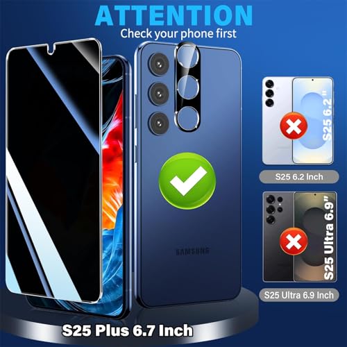 Image of firtstnow 3 Pack Privacy Screen Protector for Samsung Galaxy S25 Plus Tempered Glass + 2 Pack Camera Lens Protector, True 25Anti Spy, 9H+ Hardness, Fingerprint Unlock, Bubble-Free 6.7Inch