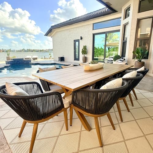 Image of PURPLE LEAF 9 Pieces Patio Dining Set Wicker Outdoor Furniture Rectangular Table and Chairs Set for Garden Deck Teak-Finish Aluminum Frame Backyard Kitchen Set, Cushions and Pillows Included