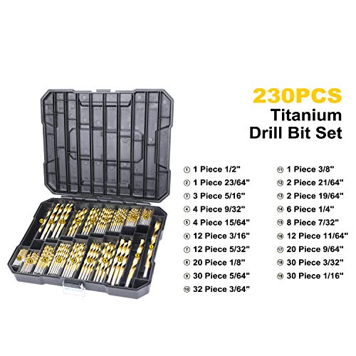 230 Pieces Titanium Twist Drill Bit Set, Anti-Walking 135° Tip High Speed Steel, Size from 3/64