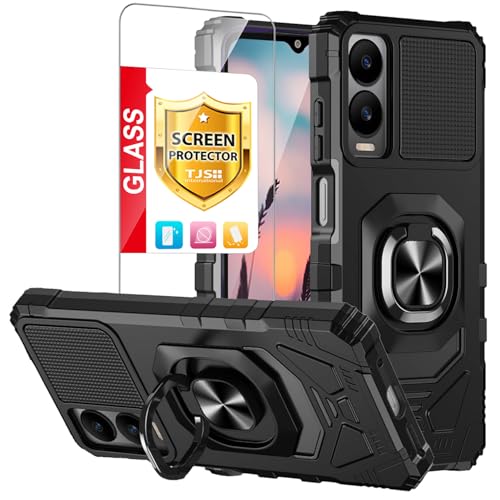 TJS Compatible for Cricket Debut S3 (U572AC) Case, AT&T Vista 2 (U572AA) Case, with Tempered Glass Screen Protector, Metal Ring Magnetic Support Kickstand Heavy Duty Drop Protection Phone Case (Black)