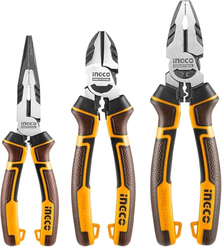 Image of INGCO 3 Pcs High Leverage Pliers Set, Cr-V, 8 inch Combination Plier, 7 inch Diagonal Cutting Plier, 6 inch Long Nose Plier, Saving 30% Strength