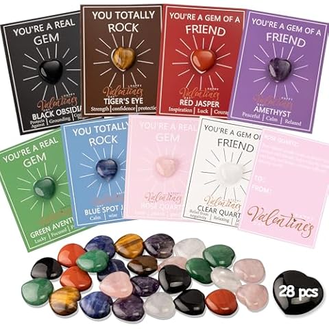 28 pcs Valentines Day Gifts for Kids-Valentines Day Cards for Kids School classroom,valentines heart Crystals with Cards,valentine exchange party favors for kids boys girls,Valentines goody bag filler Cover