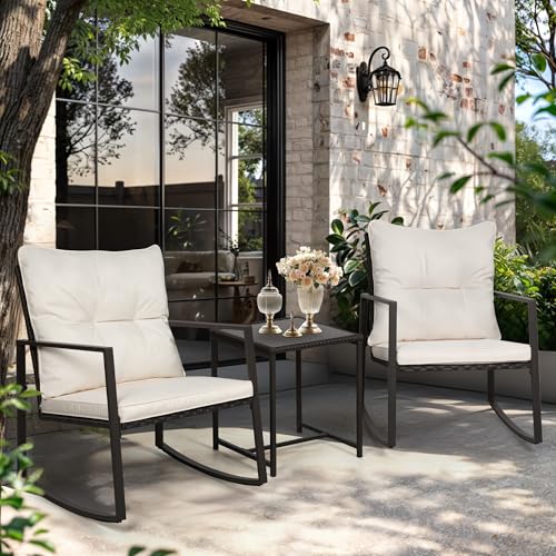 SUNCROWN 3 Piece Outdoor Rocking Bistro Set Black Wicker Furniture Porch Chairs Conversation Sets with Glass Coffee Table, Beige - Image 5
