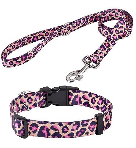 Mihqy Set Collare e Guinzaglio per Cani, Regolabile Collari per Cani, per Cuccioli di Taglia Piccola Media Grande, Bohémien, Floreale, Geometrico, Tribale Disegno(Set Rosa Leopardo,XS)