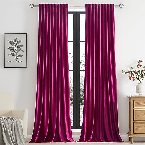 Image of PRIMROSE Hot Pink Velvet Curtains 96 inch Long for Living Room,Set of 2 Panels Blackout Rod Pocket Back Tab Window Treatment Room Darkening Heavy Decorative Curtains Drapes for Bedroom