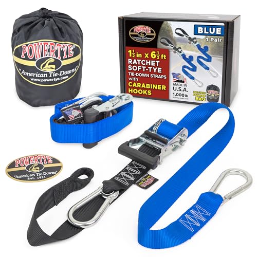 Image of PowerTye 1.5in x 6.5ft Heavy Duty Ratchet Tie-Down Straps with Soft-Tye, Carabiner Hooks - 1,000 lb Working Load Limit / 3,000 lb Breaking Strength - Made in USA - Blue /Black Pair + Storage Bag