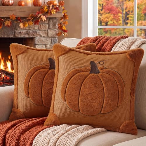 Softalker Fall Throw Pillow Covers 18x18 Set of 2 Rust Orange Pumpkin Plush