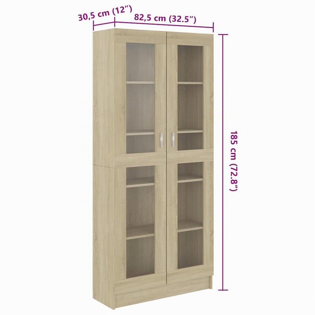 vidaXL Vitrinenschrank Bücherschrank Aktenschrank Büroschrank Vitrine Schrank Bücherregal Standvitrine Sonoma-Eiche 82,5x30,5x185cm Holzwerkstoff