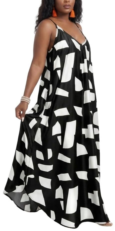 Image of Women's Casual Summer Maxi Dresses Sleeveless Adjustable Spaghetti Strap Loose Plus Size Dresses