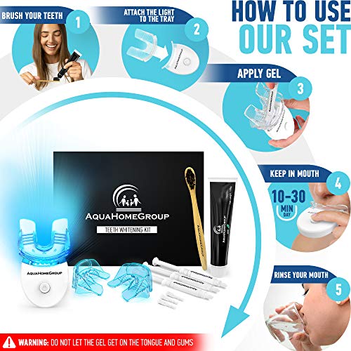 AquaHomeGroup Teeth Whitening Kit with LED Light - Snow Whitener Set with Charcoal Toothpaste and Brushes - Tooth Whitening System All in One Carbamide Peroxide 3 X 3ml Gel Syringes