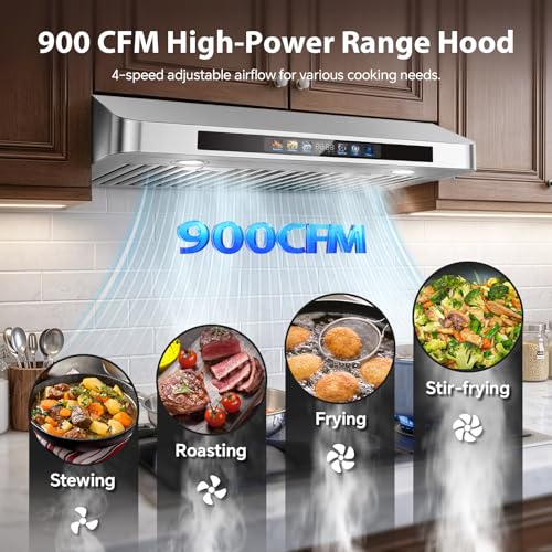Image of Tieasy Under Cabinet Range Hood 30 Inch, 900 CFM Smart Kitchen Hood with Dual Motors, Color Display, 4-Speed Vent Hood, Voice /Gesture /Remote /Touch Control, Memory Function, LED Lights, Stainless Steel