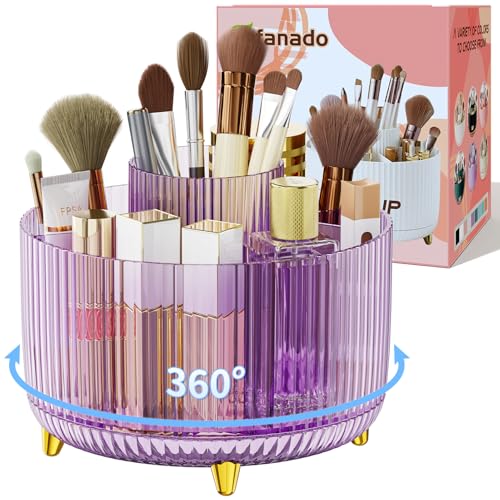 Image of Clear Rotating Makeup Organizer Countertop for Vanity, 360 Makeup Brush Holder Organizer with 5 Compartments, Transparent Cosmetic Storage for Lipstick, Skincare, Bathroom Counter(Transparent Purple)