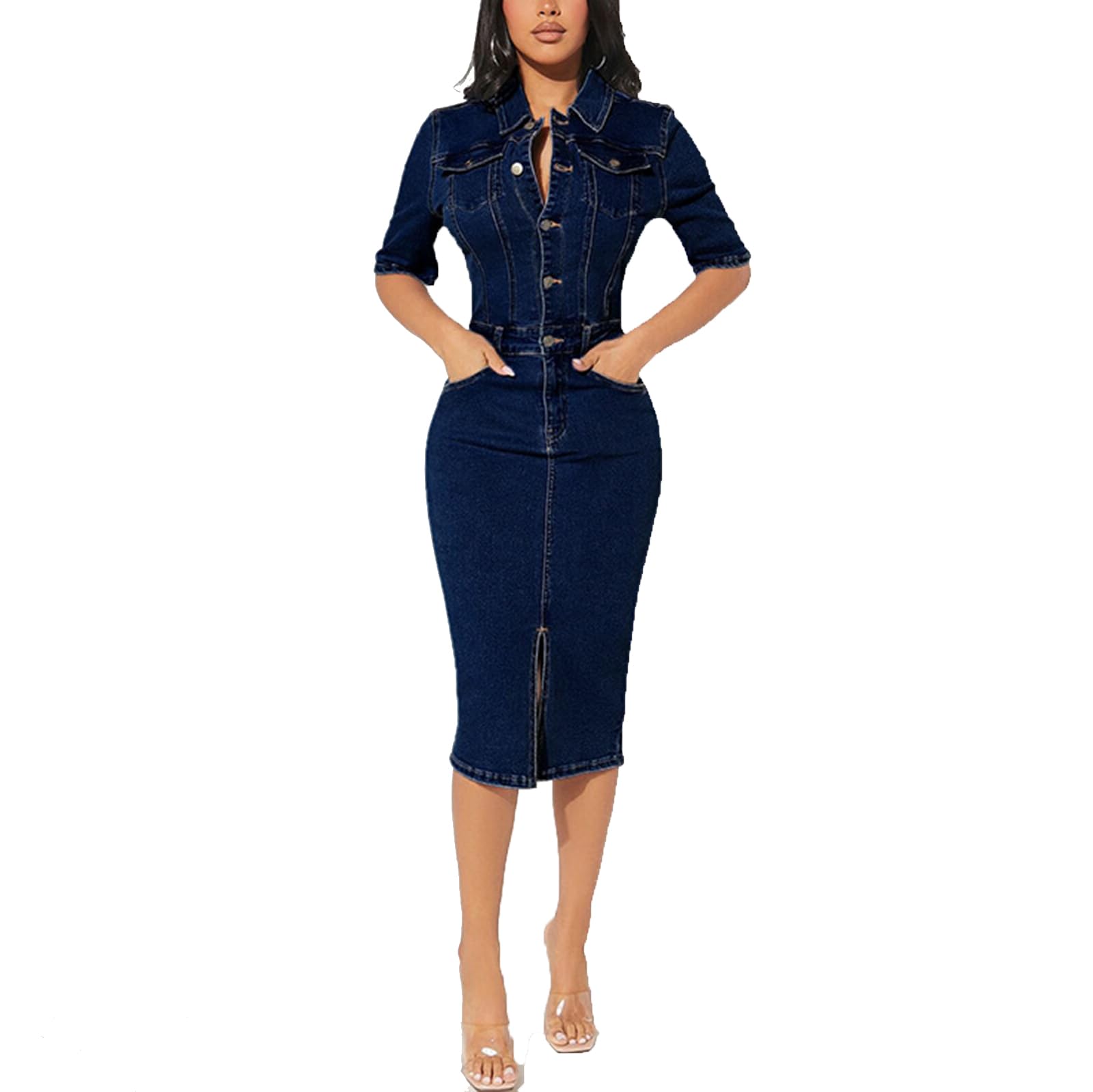 Robe en Jean Moulante Sexy pour Femmes Manches Courtes Boutonnée Ajustée Fendue Mi-Longue