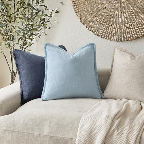 Image of Foindtower Set of 2 Decorative Linen Fringe Throw Pillow Covers Cozy Boho Farmhouse Cushion Cover with Tassels Soft Accent Pillowcase for Couch Sofa Bed Living Room Home Decor,20x20 Inch,Light Blue