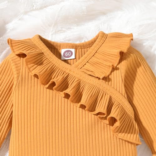 fioukiay Preemie Newborn Baby Girl Clothes Infant Girl Solid Ribbed Outfits Ruffle Romper and Pants 3PC Clothing Sets4