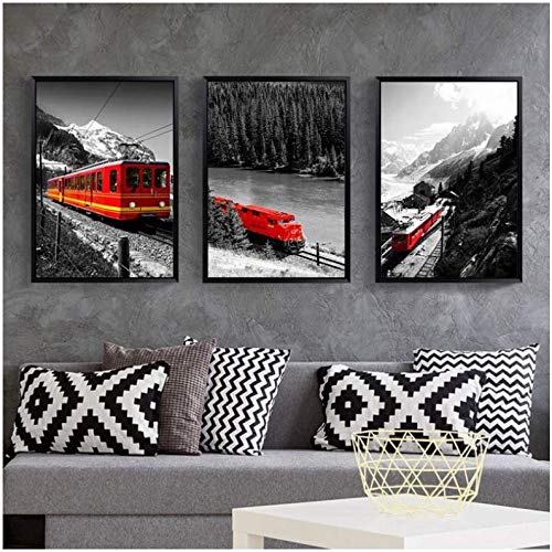 Toile paysage noir et blanc avec train rouge déco de montagne enneigée pour salon 50x70 cm