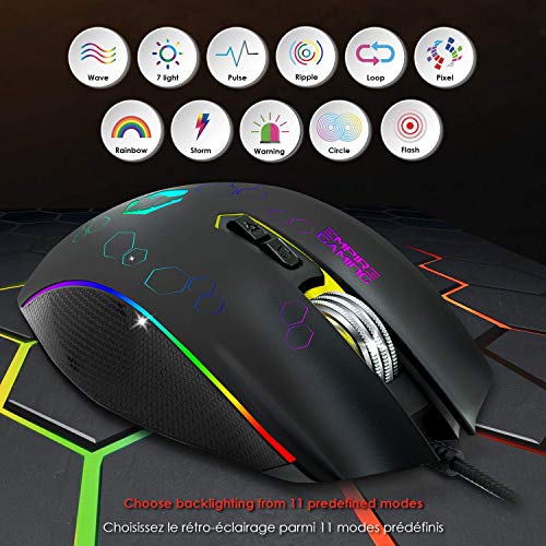 EMPIRE GAMING HellScout - Mouse Gaming con Filo USB - 3200 DPI - 7 Pulsanti - Retroilluminazione a LED RGB Rainbow 11 Modalità - Piedini di Metallo Antiscivolo - Comoda Base di Appoggio per il Pollice