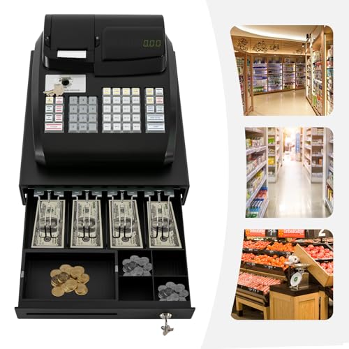 Image of 47 Keys Electronic Cash Register, Cash Register with Coin Drawer Box Cash Management System 6 Digits LED Display POS Bill Coins System for Small Businesses Retailers Supermarkets, Black