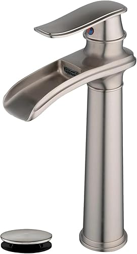 Grifo de lavabo de baño comercial con boquilla de cascada, grifo monomando un agujero de montaje en cubierta de níquel cepillado