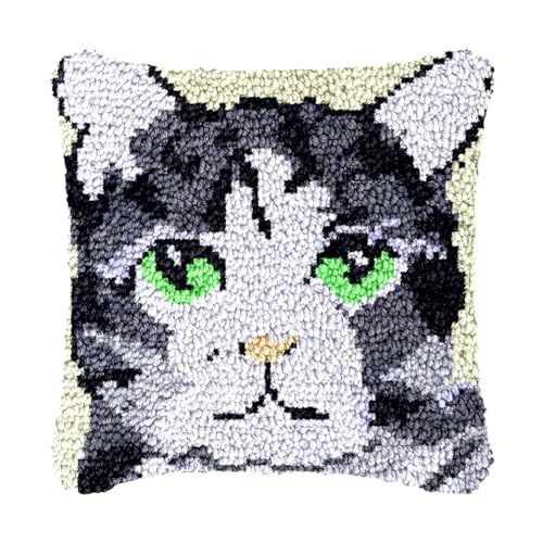 Image of bositigo Cat Latch Hook Pillow Kit for Adults & Kids, DIY Pre-Printed Canvas Craft, 17x17 Inch Decorative Cover for Sofa Cushions, Bedroom Decor (Cat Pattern 24)