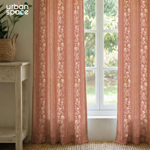 Image of Urban Space 100% Cotton Floral Curtains 7 feet Long Set of 2, 60-65% Room Darkening, Decorative Curtains with Eyelets /Rings for Hanging, Tieback Included (Garden Trail Muddy Pink, Door - 7 Feet)
