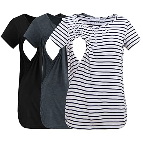 Image of Smallshow Women's Nursing Tops Ruched Short Sleeve Breastfeeding Shirts 3-Pack