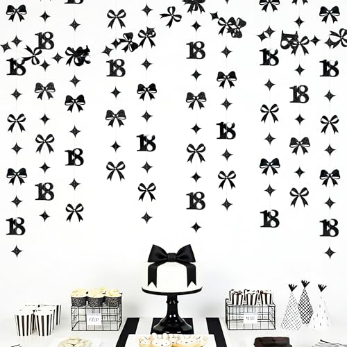 Image of Black 18th Bow Birthday Decorations Glitter Conquette Bow Garland Streamer Banner Backdrop for Girls Boys Happy 18th Birthday Time to Adult Cheers to 18 Years Old Anniversary Party Supplies