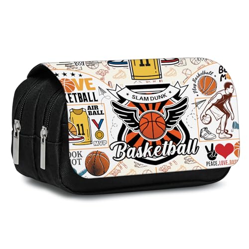 Image of Basketball Pencil Case for Boys & Girls - Sports Themed Pouch with Hoop & Ball Design, Large Capacity Zippered Pen Bag, Flip Top School Supplies for Students, Back to School Stationery Organizer