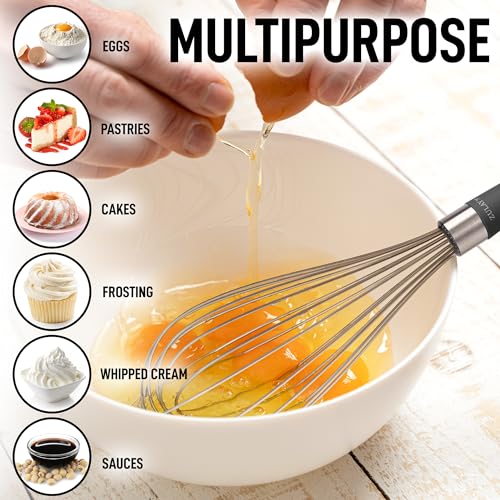 Image of Zulay Kitchen Stainless Steel Balloon Whisk 12 Inch - Heavy Duty and Durable Wire Whisk with Non-Slip Silicone Handle for Blending, Whipping & Beating - Black
