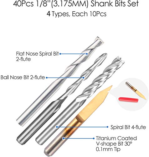 40Pcs End Mill Combination Kit Set 1/8" Shank CNC Router Bits Cutter Cutting Milling Tool (4 Type, Each 10Pcs) Flat Nose/Ball Nose End Mill 30° V-Shape Engraving Bits 4 Flutes End Mill