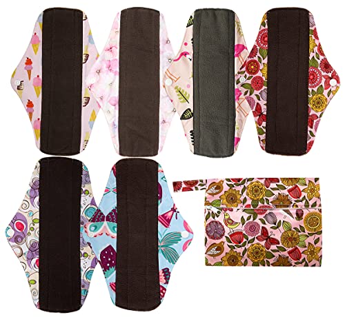 7pcs Set 1pc Mini Wet Bag +6pcs 10 Inch Regular Charcoal Bamboo Mama Cloth/Menstrual Pads/Reusable Sanitary Pads(Sunflower)