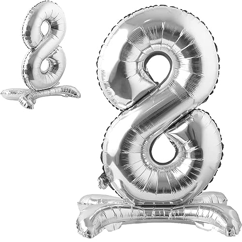 Stehende Luftballons * Zahlen 0 bis 9 * in Gold + Silber + Rosegold | 86cm groß; kein Helium nötig | Stehballons Geburtstag Deko Zahl Party Kindergeburtstag Partydeko, Farbe: Zahl 8 Silber