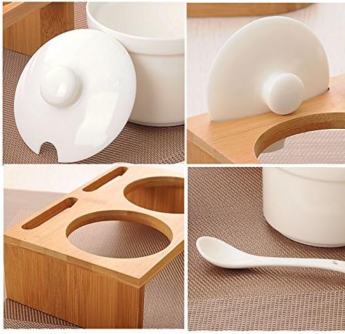 DecentGadget® 3PCS Ceramic Sugar Bowls Condiment Pots Spice Serving Jars Set Seasoning container with Serving Spoons & Bamboo Stand (Stool type)