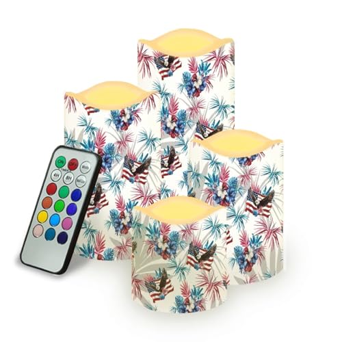 Image of 250th Anniversary Fake Candles Set of 4 Bald Eagle Star Stripes Pattern LED Battery Operated Flickering Remote Fourth of July Lamp Patriotic Decor for Bedroom Wedding Restaurant