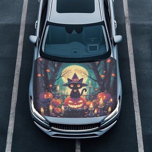 Image of Cute Halloween Cat Pumpkin Hood Cover for Compact Sedan SUV Truck, 59x39 Inch Auto Hood Flag, Waterproof Auto Banner, Automotive Exterior Accessories, Easy Installation