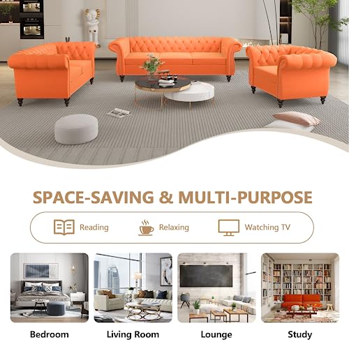 Image of QHITTY Accent Large Sofa, Chesterfield Couch 3 Seater Modern Velvet Couch Upholstered Sofa with Tufted Back for Living Room Furniture (Orange)