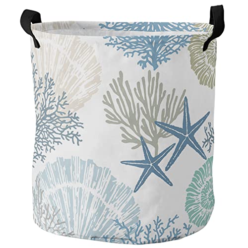 Laundry Basket Hamper with Handles, Blue Ocean Coral Conch Starfish Waterproof Laundry Bin Foldable Clothes Basket for Storage Clothing Abstract Geometric Texture 16.5x17 Inch