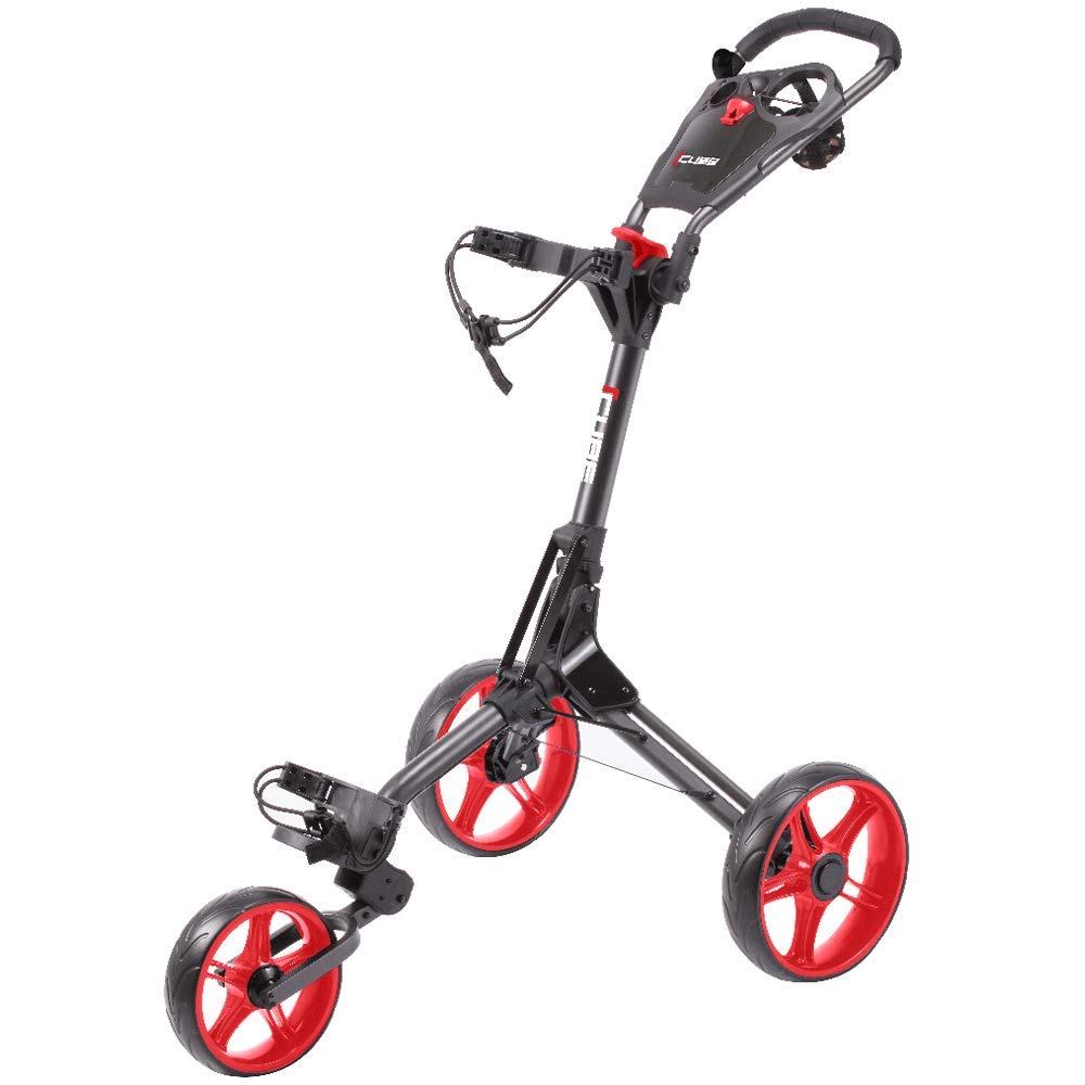SkyMax 2019 CUBE 3 WHEELED COMPACT GOLF TROLLEY +FREE £39.99 ACCESSORY PACK (CHARCOAL/RED)
