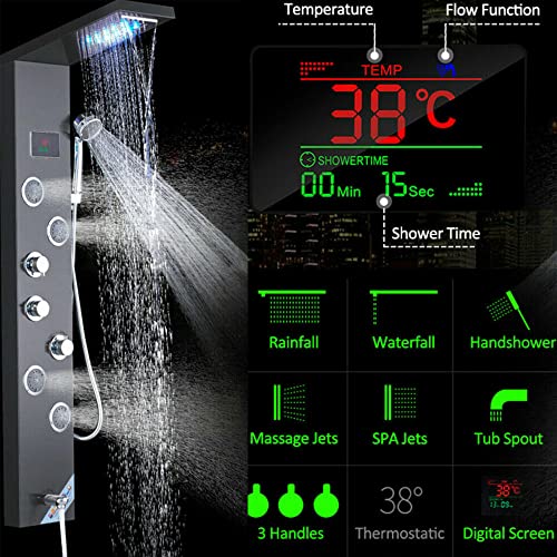 Columna de Ducha Negra con Sistema LED, Cascada, Lluvia y Masaje Corporal miniatura 7
