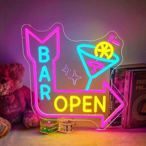 HOMSBAY Bar Open Neon Sign for Business,Cocktails Led Pink Neon Lights, Neon Bar Signs for Wall Decor, Arrow USB Light Letter Sign Neon for Gift Store Beer Bar Restaurant Man Cave Hotel Window Cafe Bistro Club Halloween Party