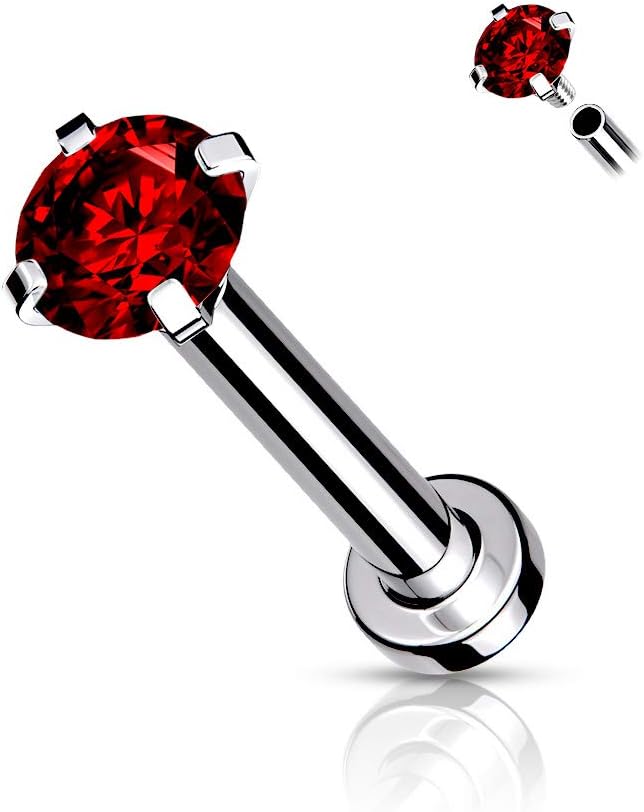 16GA (1.2mm) L. 5/16" (8mm) Labret With CZ Prong Set Top Flat Back Stud Internally Threaded Micro Base 316L Surgical Steel For Nose, Lip, Chin, and More
