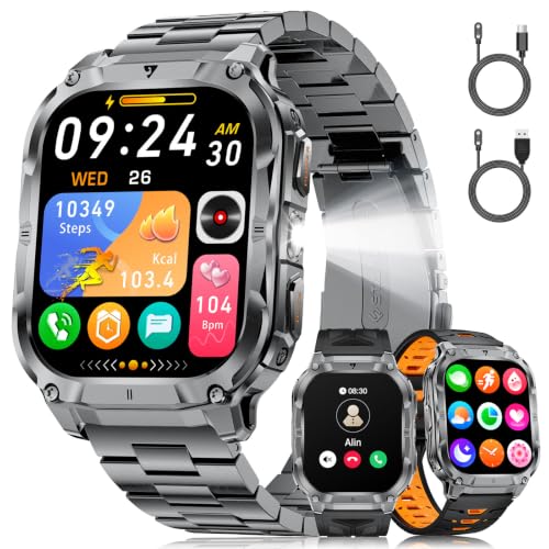 BENYAR SMART Smart Watch for Men, 2.0" Screen/LED Flashlight/3 Straps/1000mAh Battery, 100+Sports Modes, Bluetooth Calls, IP68 Waterproof Military Smartwatch for Android iOS, Black&Orange