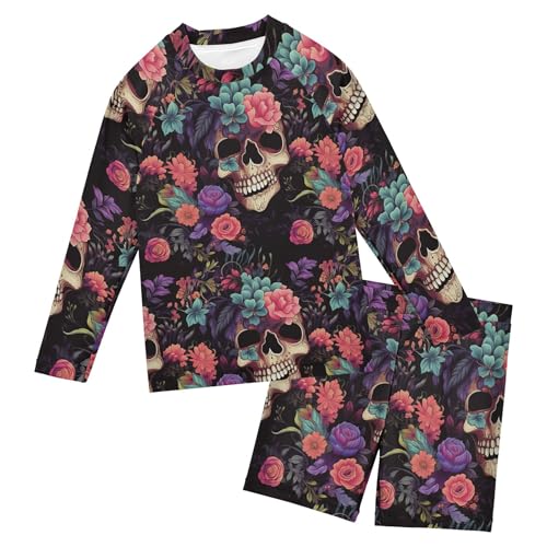 Sugar Skull Skeleton Gothic Flowers Baby Boys' Toddler Long Sleeved Rashguard Swim Bathing Suit Set B0402989