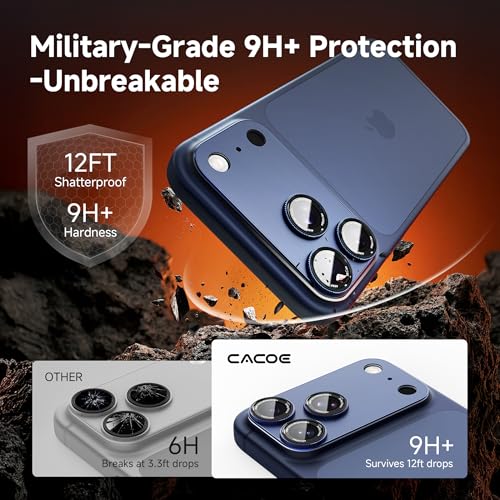 Image of CACOE Metal Camera Lens Protector for iPhone 17 Pro Max, 9H Tempered Glass with Aluminum Frame, HD Clarity & Scratch-Resistant Camera Screen Protector Cover Accessories(Dark Blue)