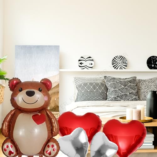Image of KITTER Bear Theme Birthday Party Decoration Kit, Birthday Decor Foil Balloons Set for Boys Girls Kids, Set of 5 Pieces | Includes 1 Big Bear, 2 Red Hearts & 2 Silver /Chrome Colour Foil Balloons