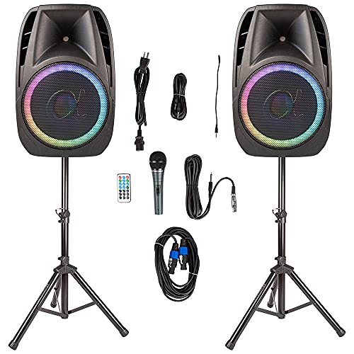 15 2700 Watt Set of Alphasonik All-in-one Party Series Powered PA System PRO DJ Loud Speakers with Bluetooth USB SD Card AUX Karaoke Mic Guitar Inputs MP3 FM Radio RGB 2 Tripod Stands Cable and Mic